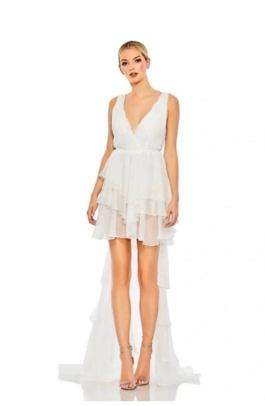 Ieena for Mac Duggal 55320 High-Low Tiered Gown Built-In Bodysuit – White Size 0